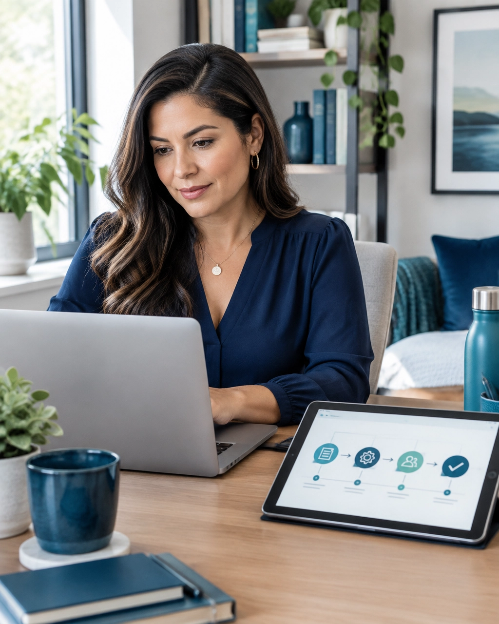 Small business owner working at her laptop with a tablet showing a step-by-step process workflow
