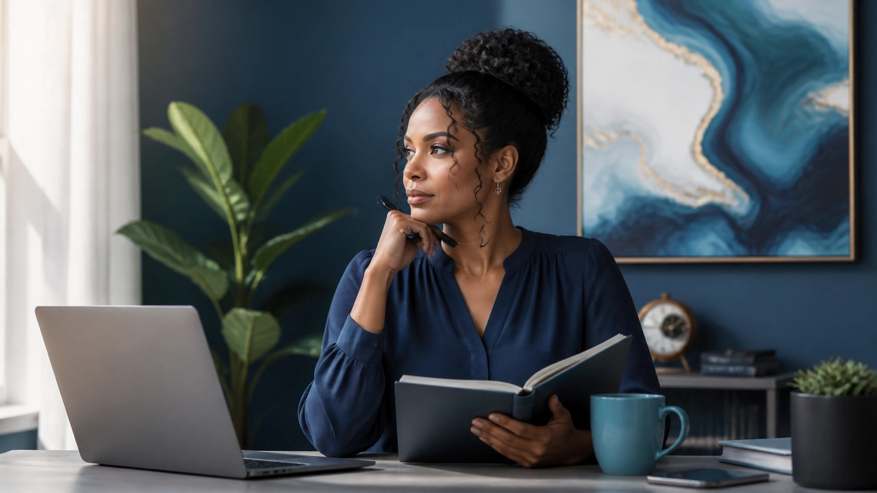 Entrepreneur pausing to reflect at her desk with a notebook and laptop