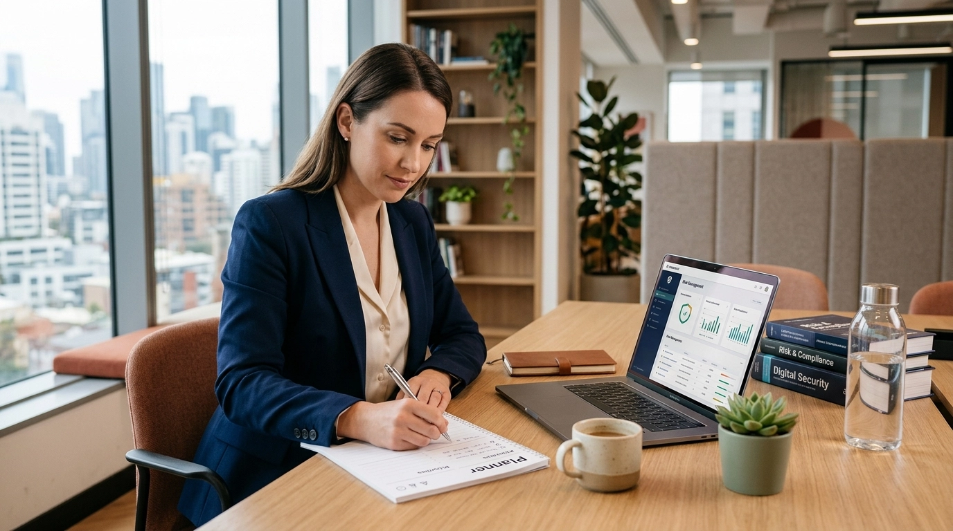 Business owner writing priorities in a planner at a bright office desk