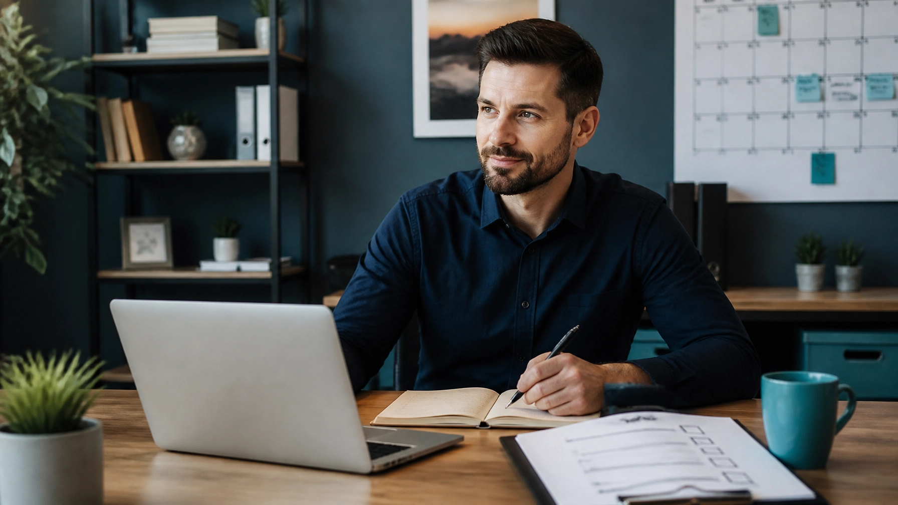Business owner planning at his desk with a notebook, checklist and calendar