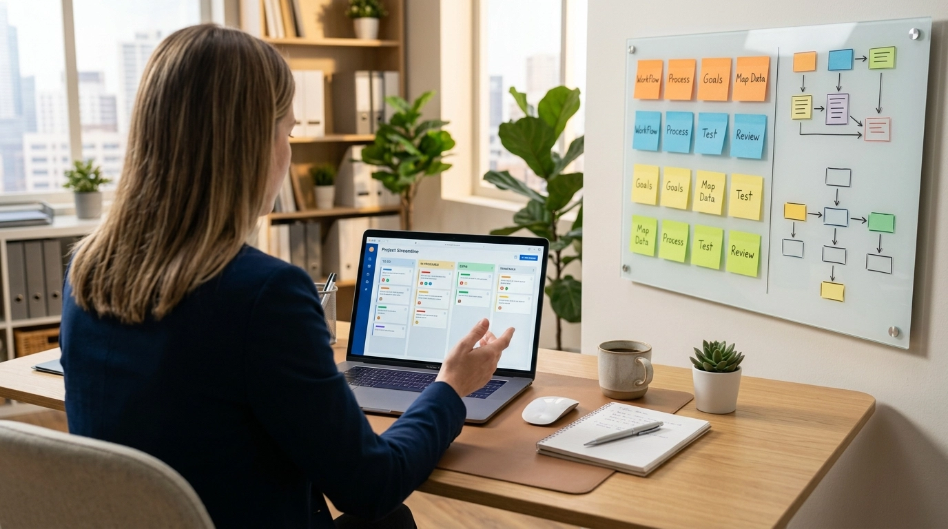 Business owner reviewing a Kanban board titled Project Streamline with To Do, Doing and Done columns