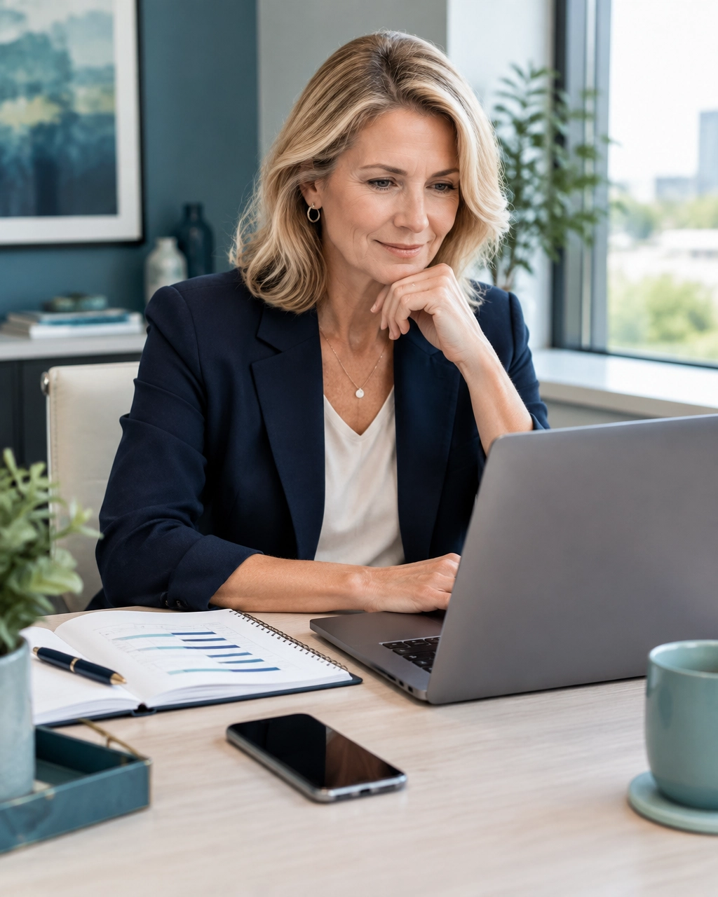 Business owner reviewing operating metrics on her laptop with a printed report beside her
