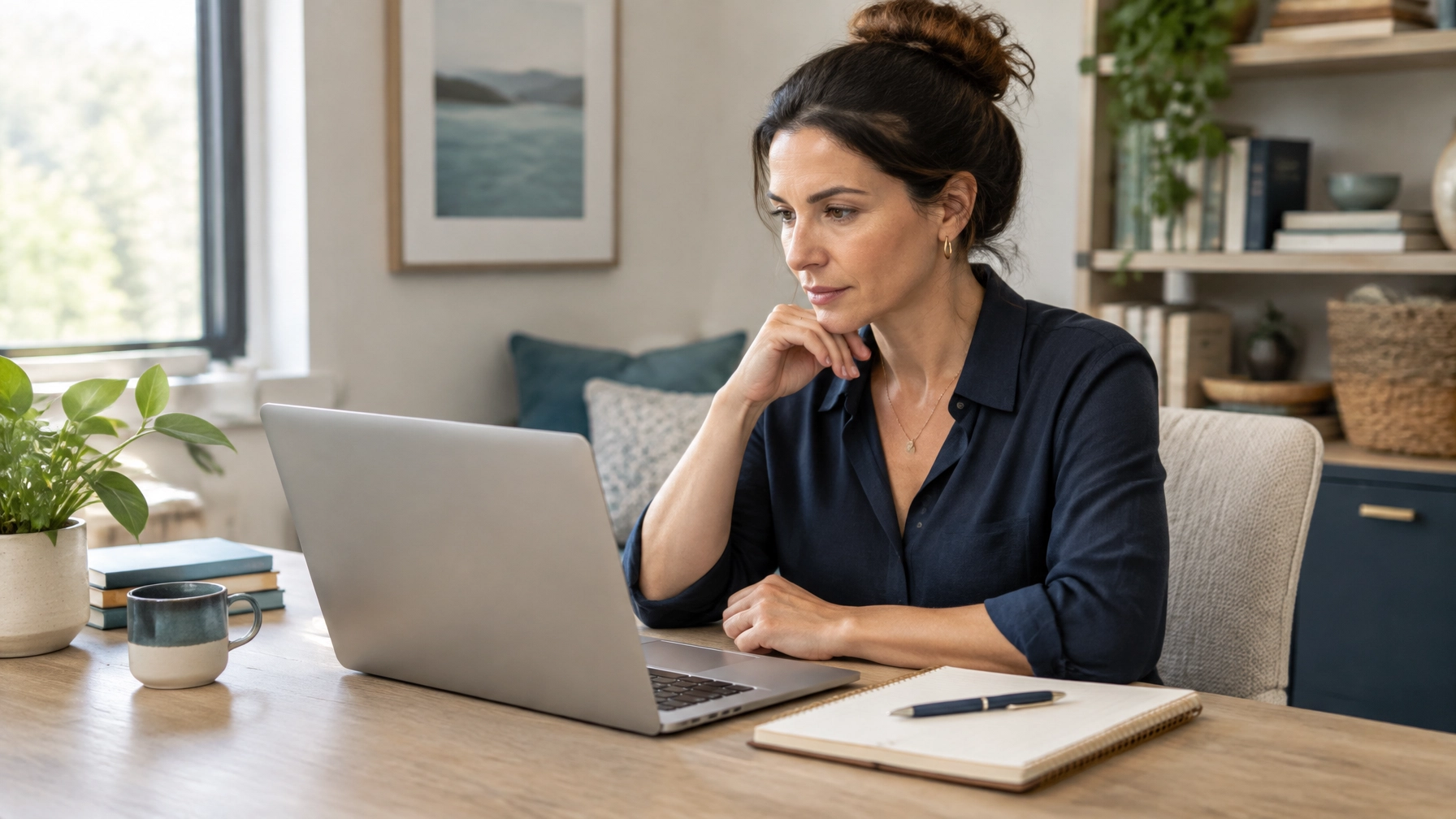 Business owner thoughtfully reading a client reply on her laptop