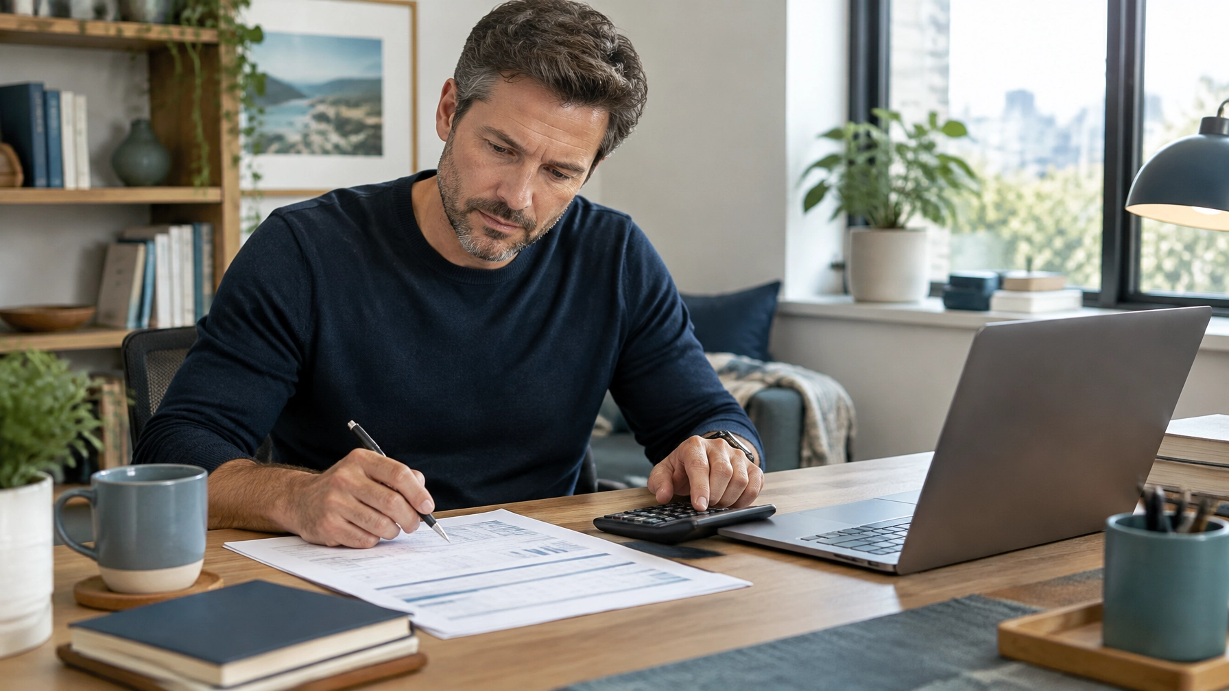 Solopreneur calculating his rates with a calculator, printed report and laptop