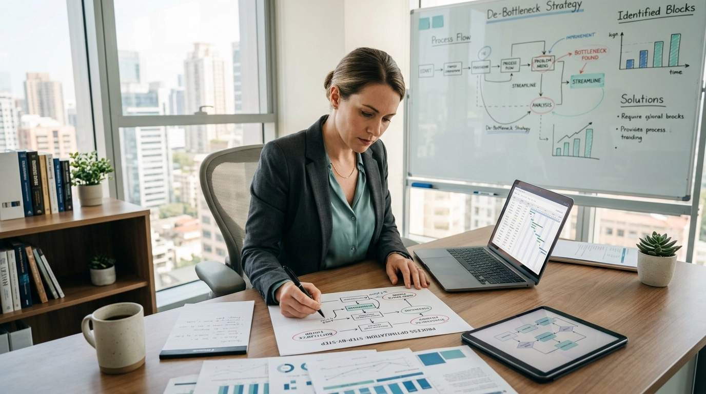 Business owner drafting a process flowchart at a desk with a whiteboard behind her reading De-Bottleneck Strategy